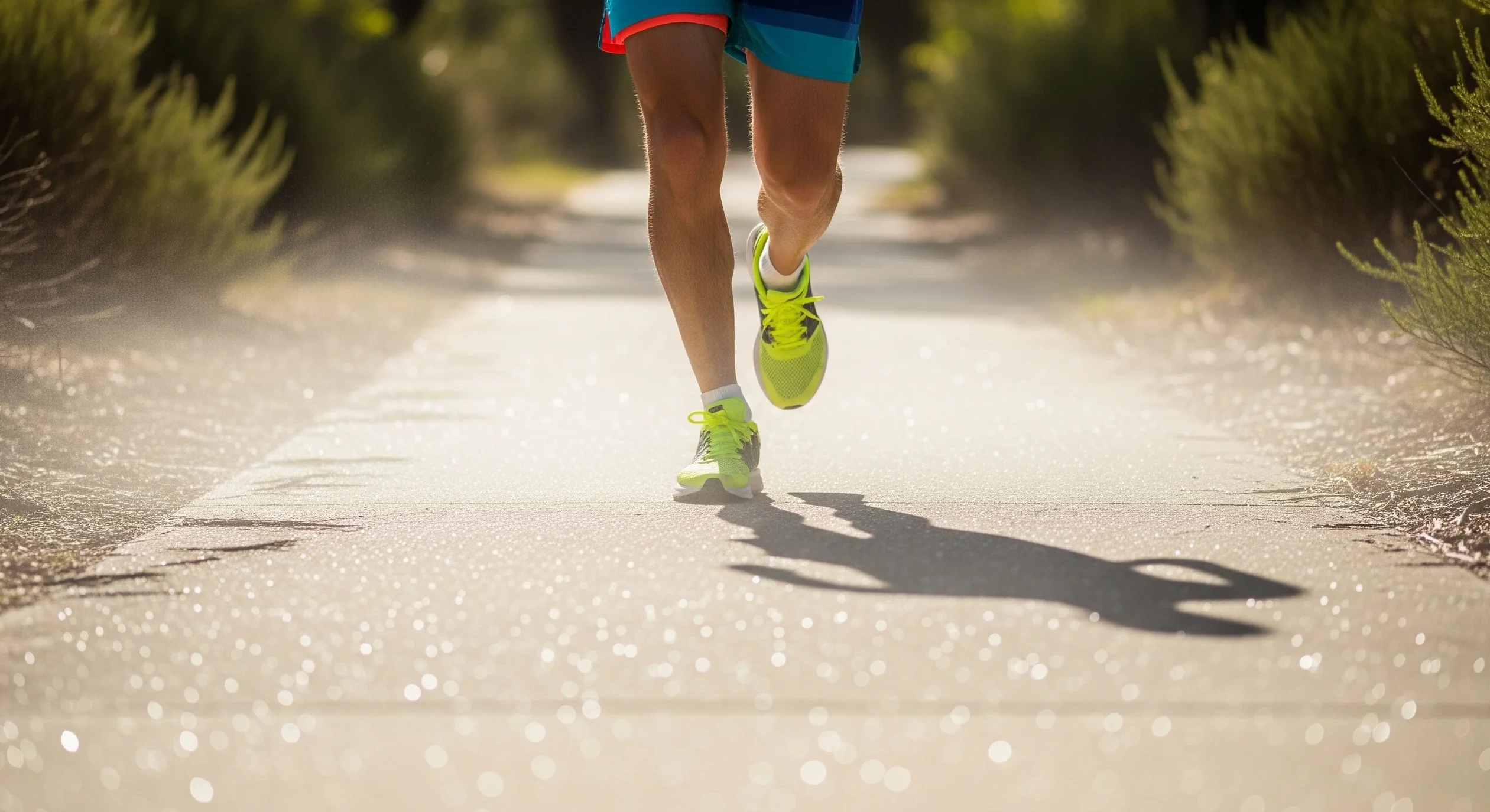 The legs of a runner wearing blue shorts and yellow shoes running on a damp path in a heat haze.