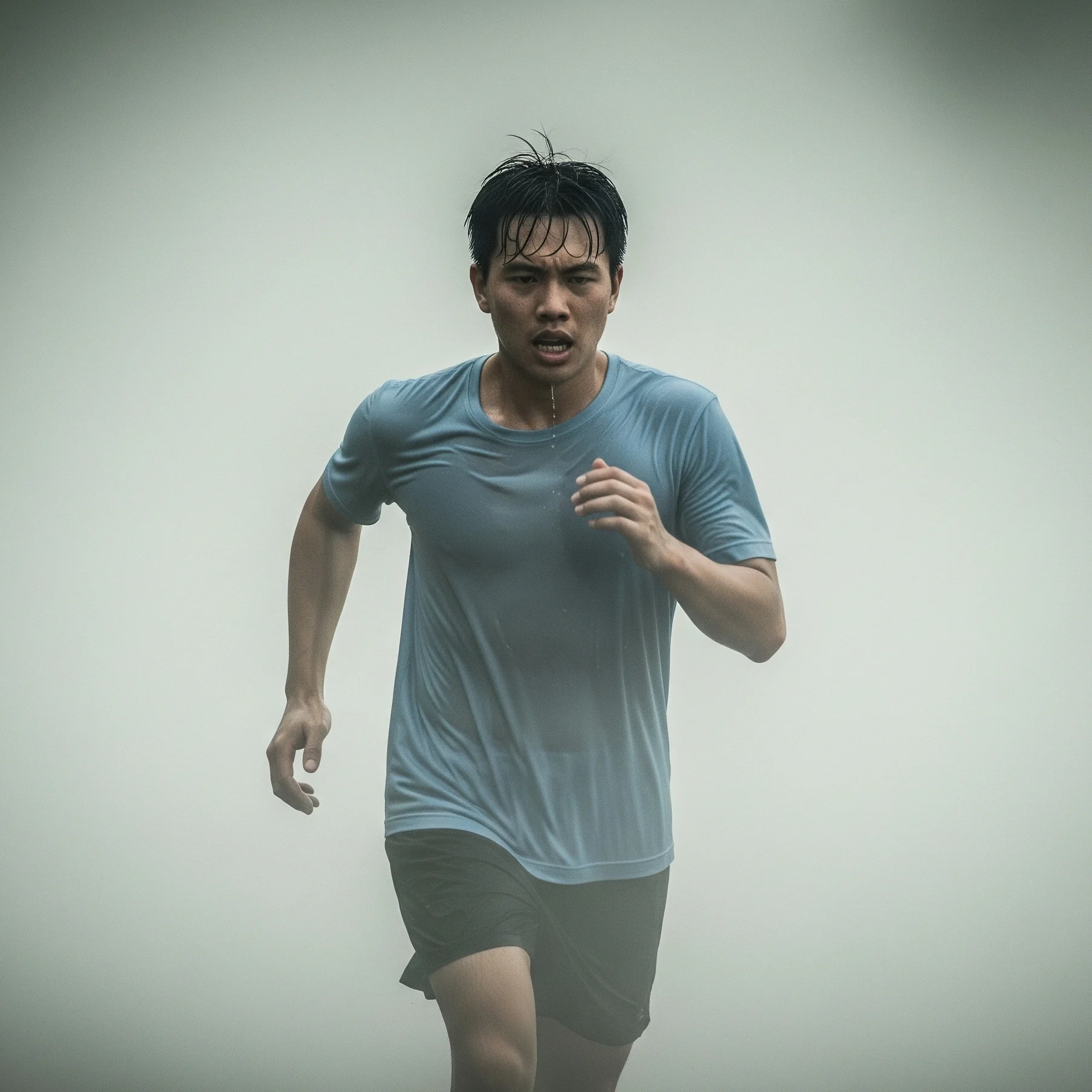 A male runner with sweat dripping off of him, in a saturated blue tshirt.